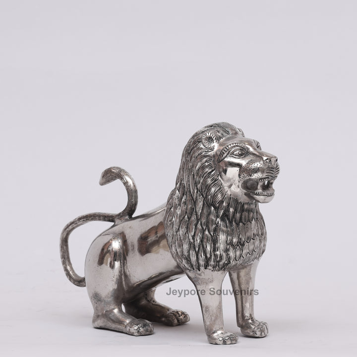 Handcrafted Silver Polished Roaring Lion Statue