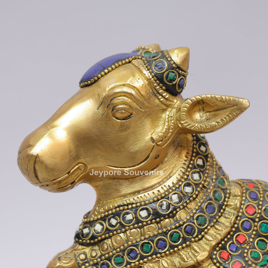 Handcrafted Brass Nandi Statue with Multicolor Inlay &amp; Lotus Pedestal