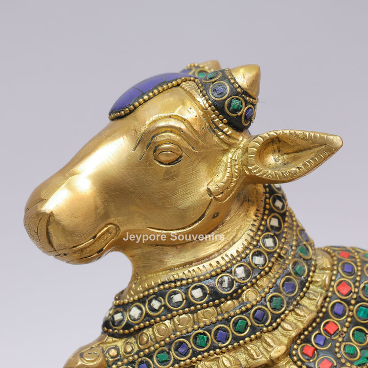 Handcrafted Brass Nandi Statue with Multicolor Inlay &amp; Lotus Pedestal
