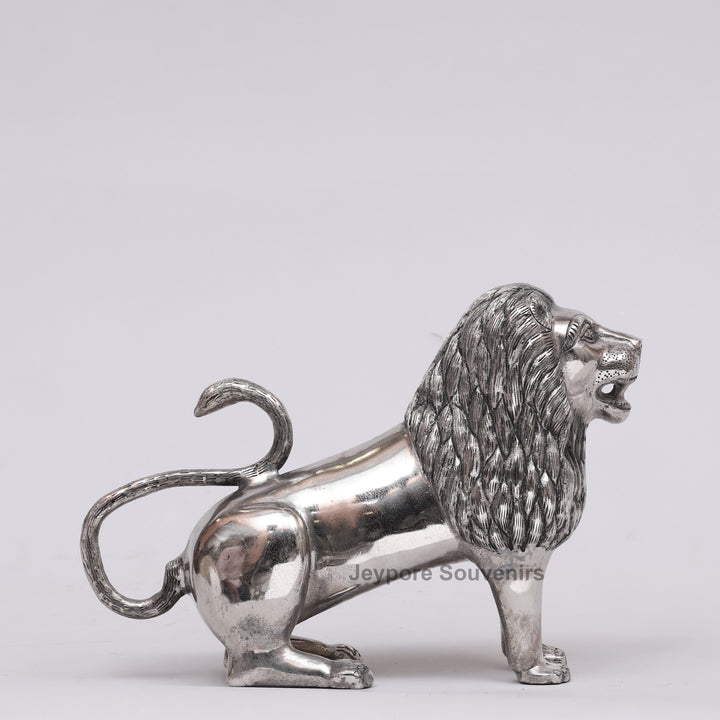 Handcrafted Silver Polished Roaring Lion Statue