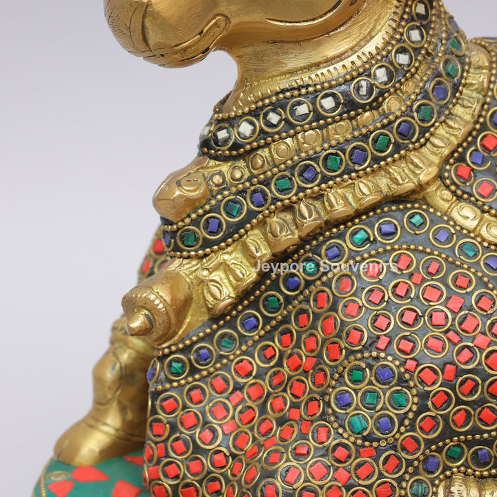 Handcrafted Brass Nandi Statue with Multicolor Inlay &amp; Lotus Pedestal