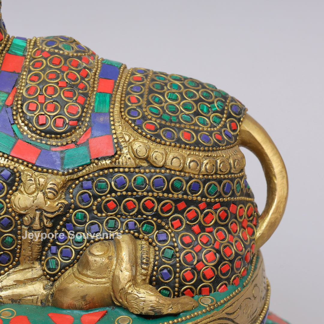 Handcrafted Brass Nandi Statue with Multicolor Inlay &amp; Lotus Pedestal