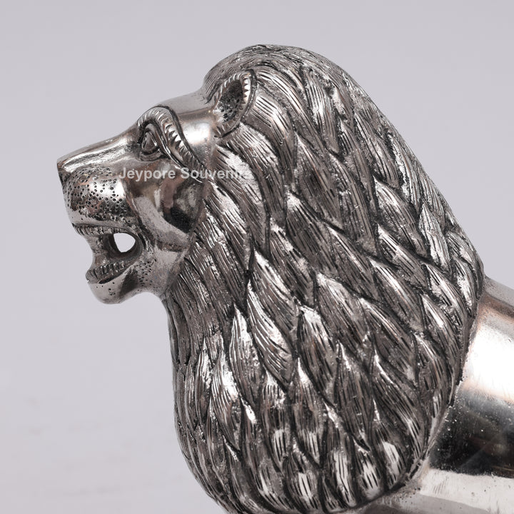 Handcrafted Silver Polished Roaring Lion Statue