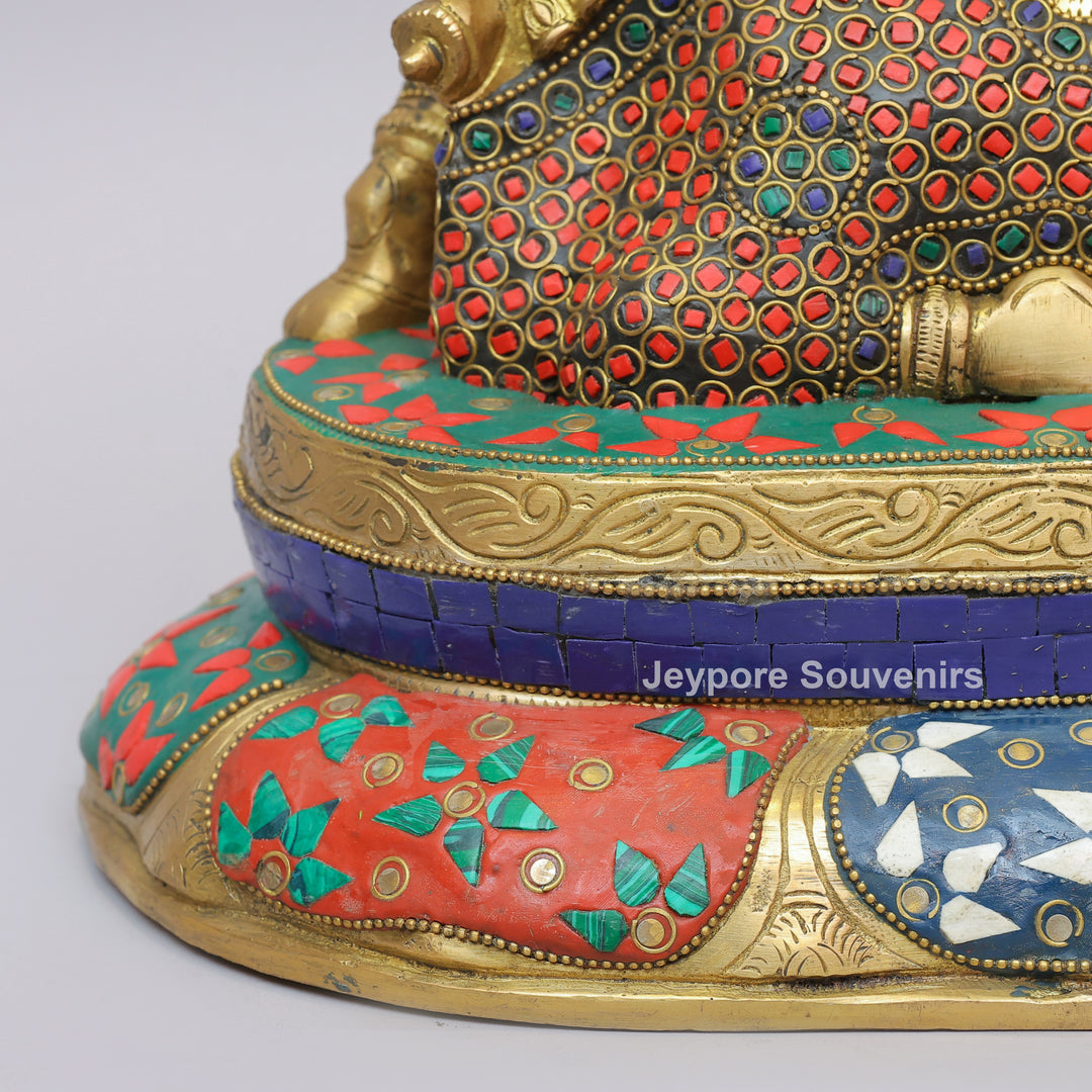 Handcrafted Brass Nandi Statue with Multicolor Inlay &amp; Lotus Pedestal