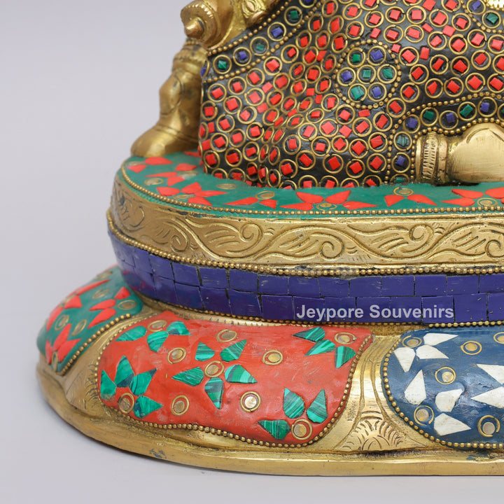Handcrafted Brass Nandi Statue with Multicolor Inlay &amp; Lotus Pedestal