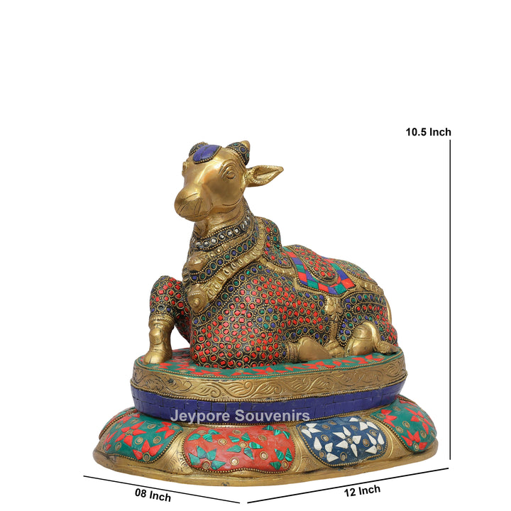 Handcrafted Brass Nandi Statue with Multicolor Inlay &amp; Lotus Pedestal