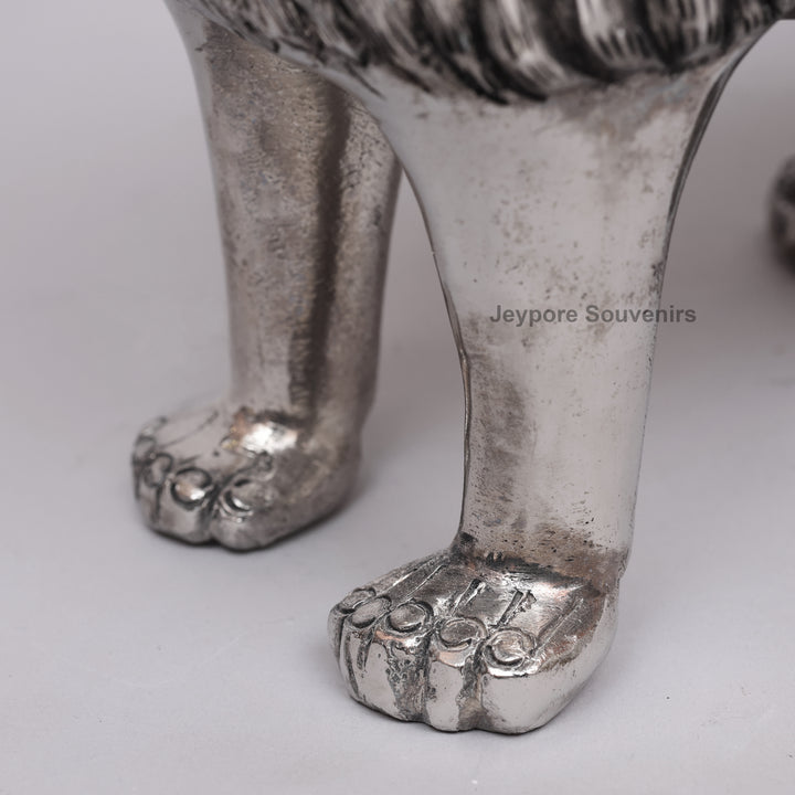 Handcrafted Silver Polished Roaring Lion Statue