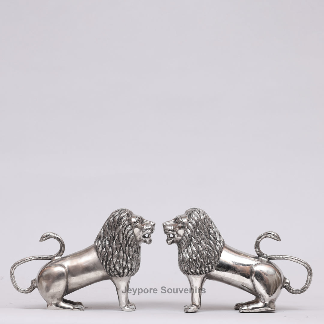 Handcrafted Silver Polished Roaring Lion Statue