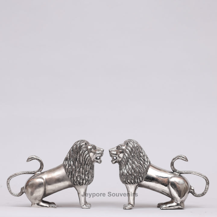 Handcrafted Silver Polished Roaring Lion Statue