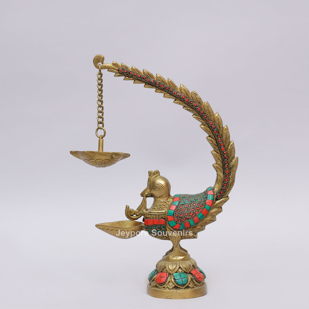Handcrafted Brass Annam Bird Oil Lamp with Decorative Stone Inlay