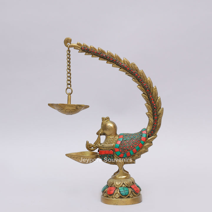 Handcrafted Brass Annam Bird Oil Lamp with Decorative Stone Inlay