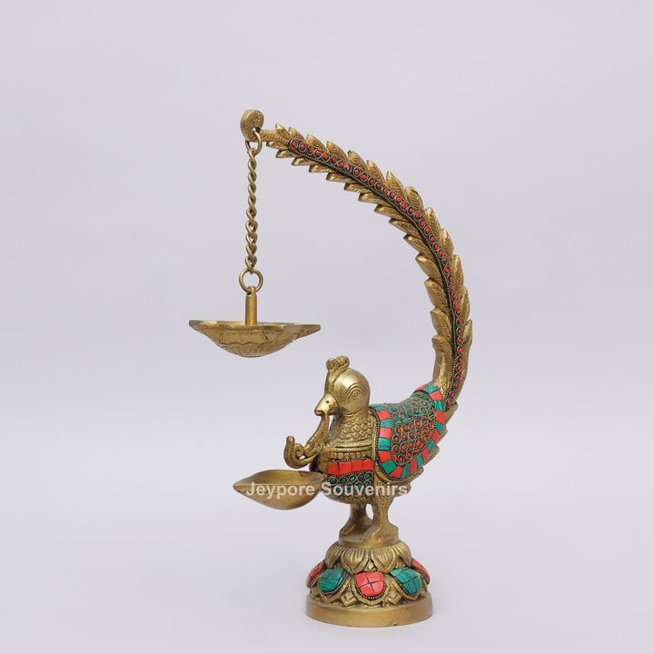 Handcrafted Brass Annam Bird Oil Lamp with Decorative Stone Inlay