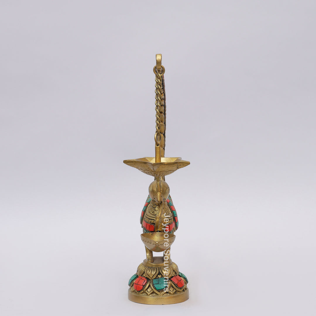 Handcrafted Brass Annam Bird Oil Lamp with Decorative Stone Inlay
