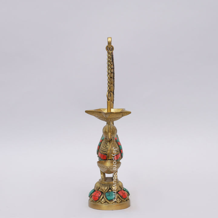 Handcrafted Brass Annam Bird Oil Lamp with Decorative Stone Inlay