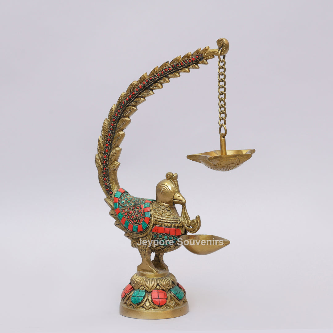 Handcrafted Brass Annam Bird Oil Lamp with Decorative Stone Inlay