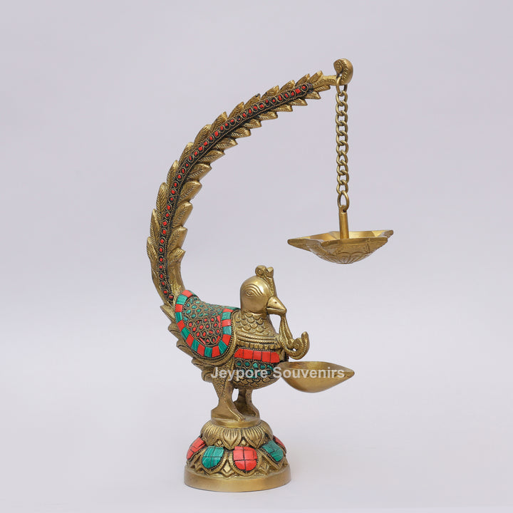 Handcrafted Brass Annam Bird Oil Lamp with Decorative Stone Inlay