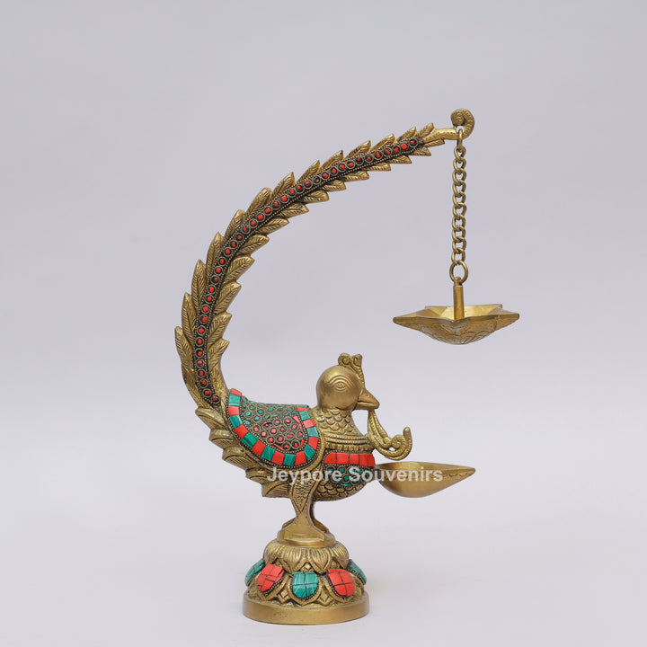 Handcrafted Brass Annam Bird Oil Lamp with Decorative Stone Inlay