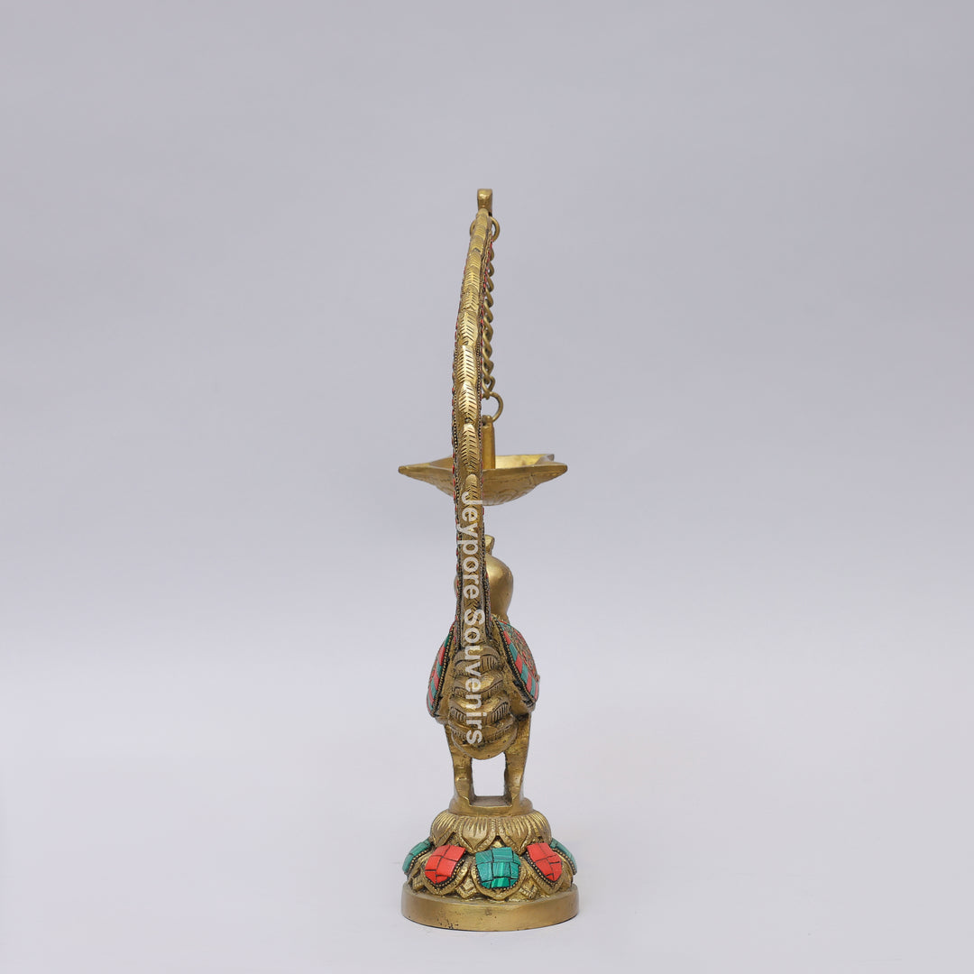 Handcrafted Brass Annam Bird Oil Lamp with Decorative Stone Inlay