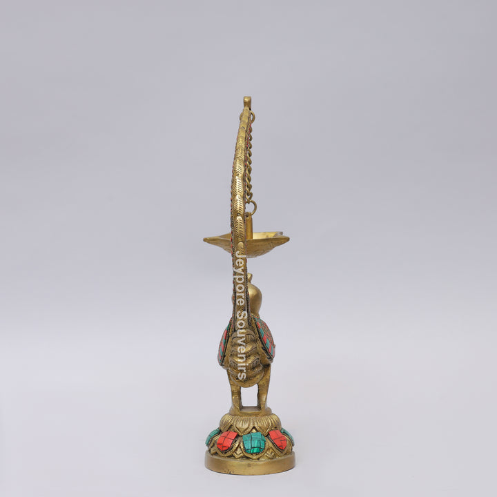 Handcrafted Brass Annam Bird Oil Lamp with Decorative Stone Inlay