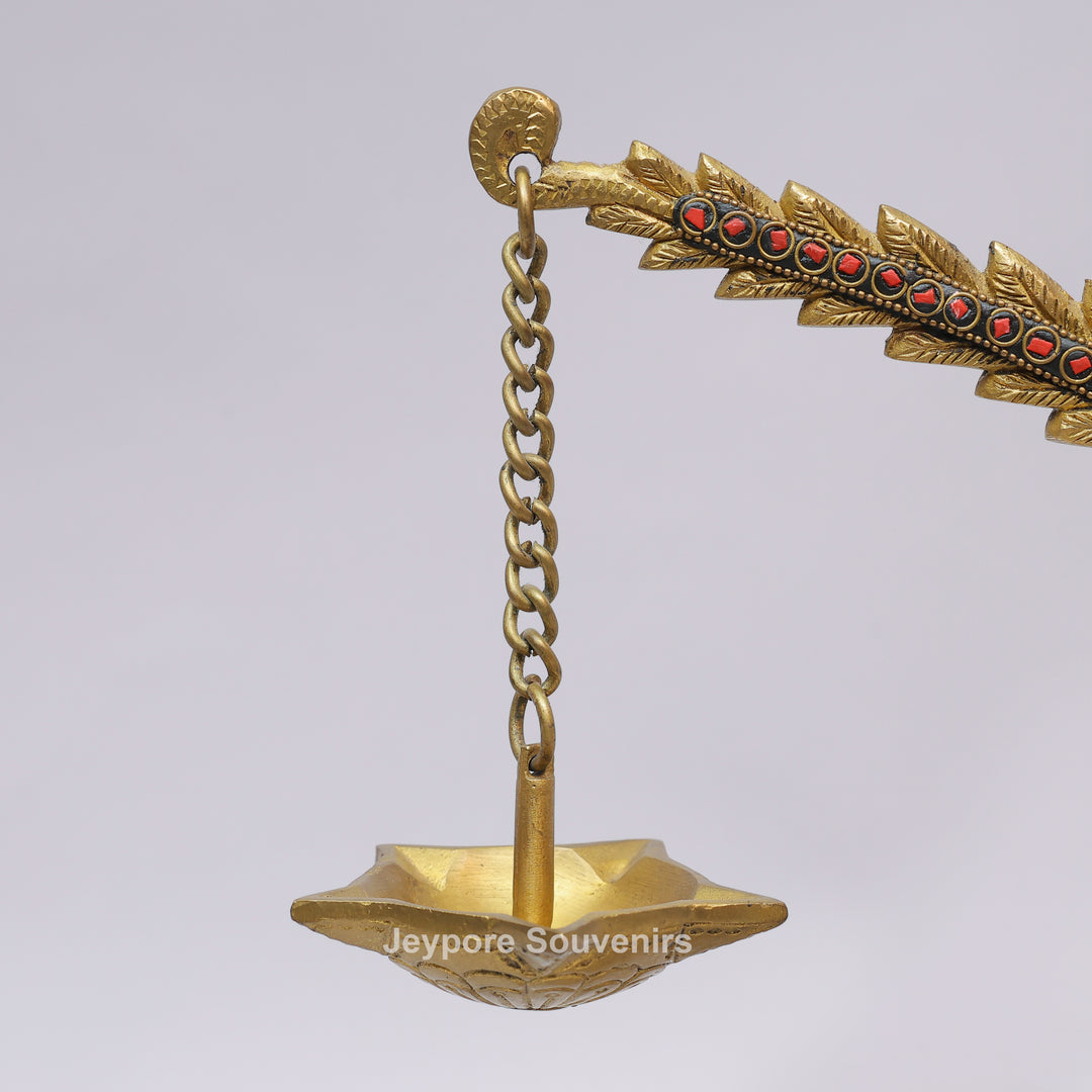 Handcrafted Brass Annam Bird Oil Lamp with Decorative Stone Inlay