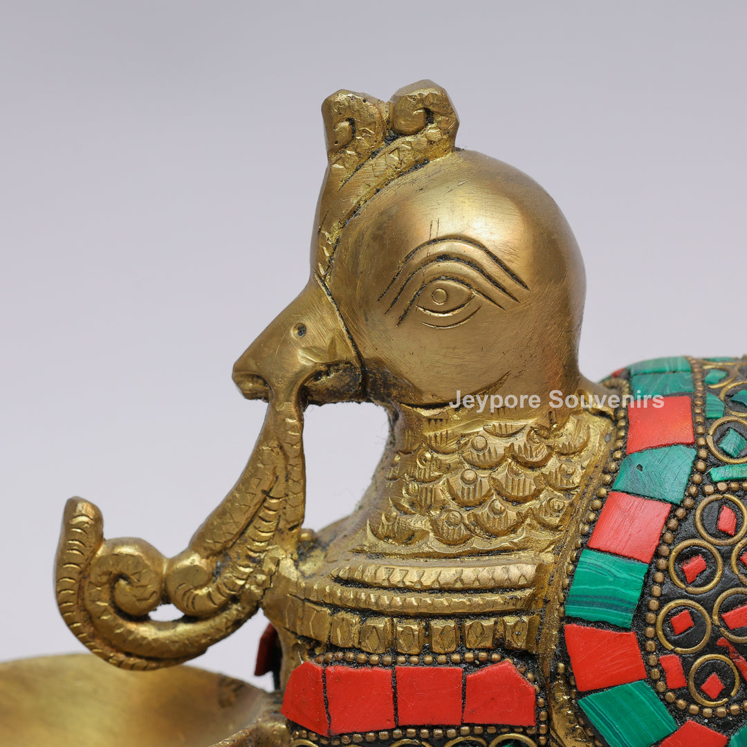Handcrafted Brass Annam Bird Oil Lamp with Decorative Stone Inlay