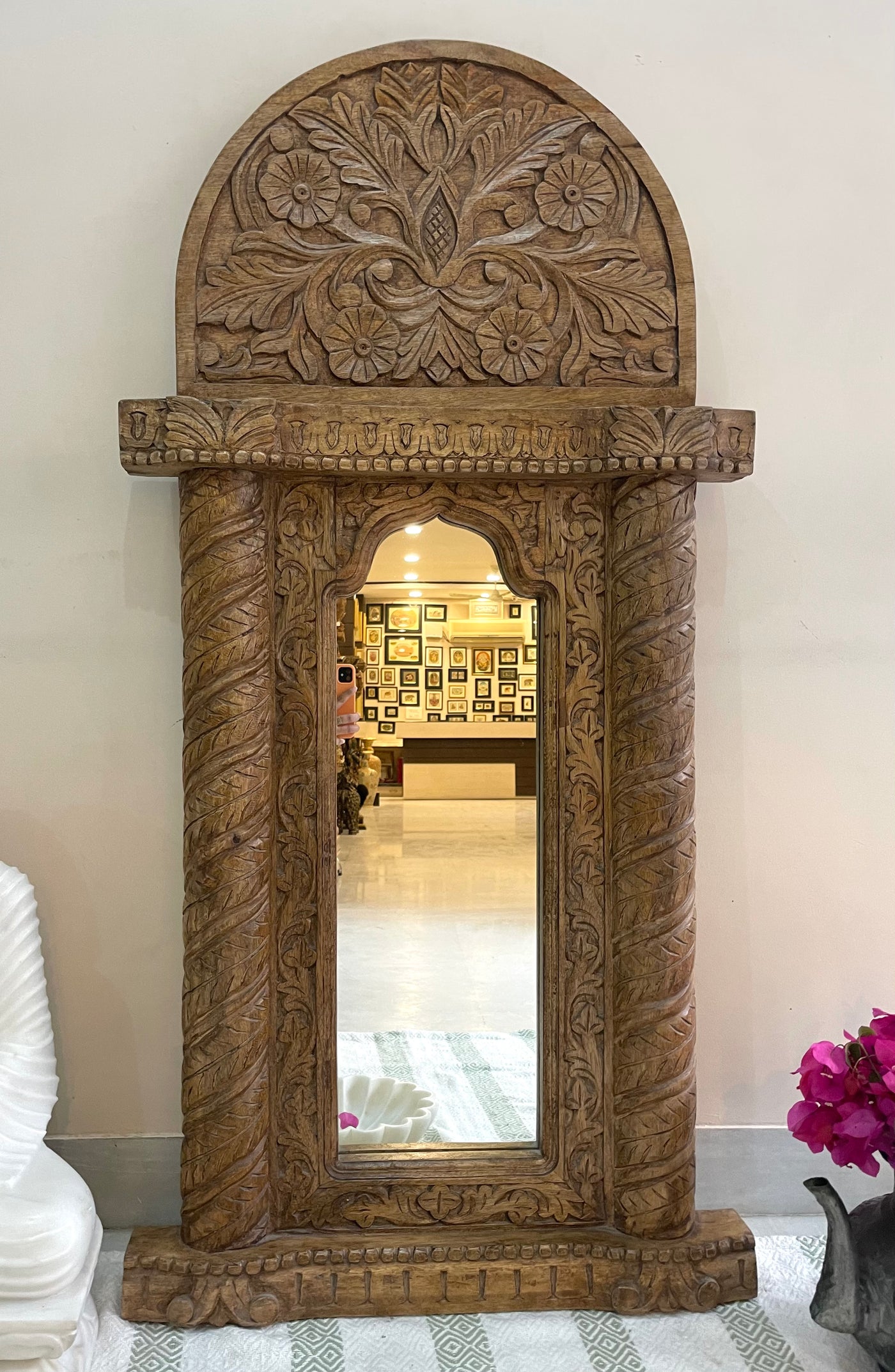 Hand carved mirror in distressed finish - Walnut Color