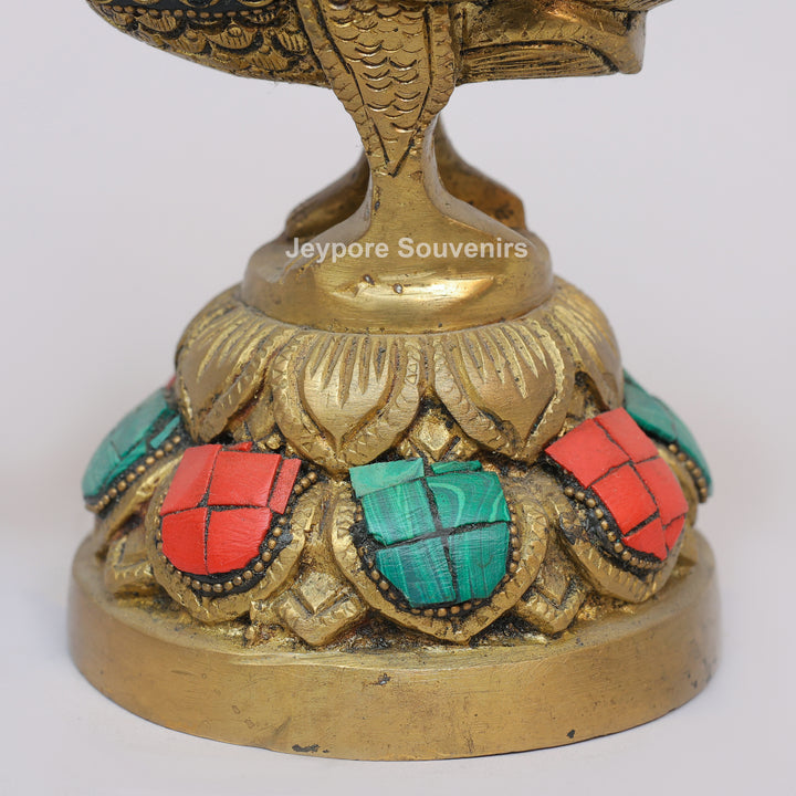 Handcrafted Brass Annam Bird Oil Lamp with Decorative Stone Inlay