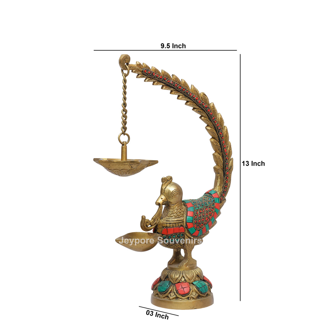 Handcrafted Brass Annam Bird Oil Lamp with Decorative Stone Inlay