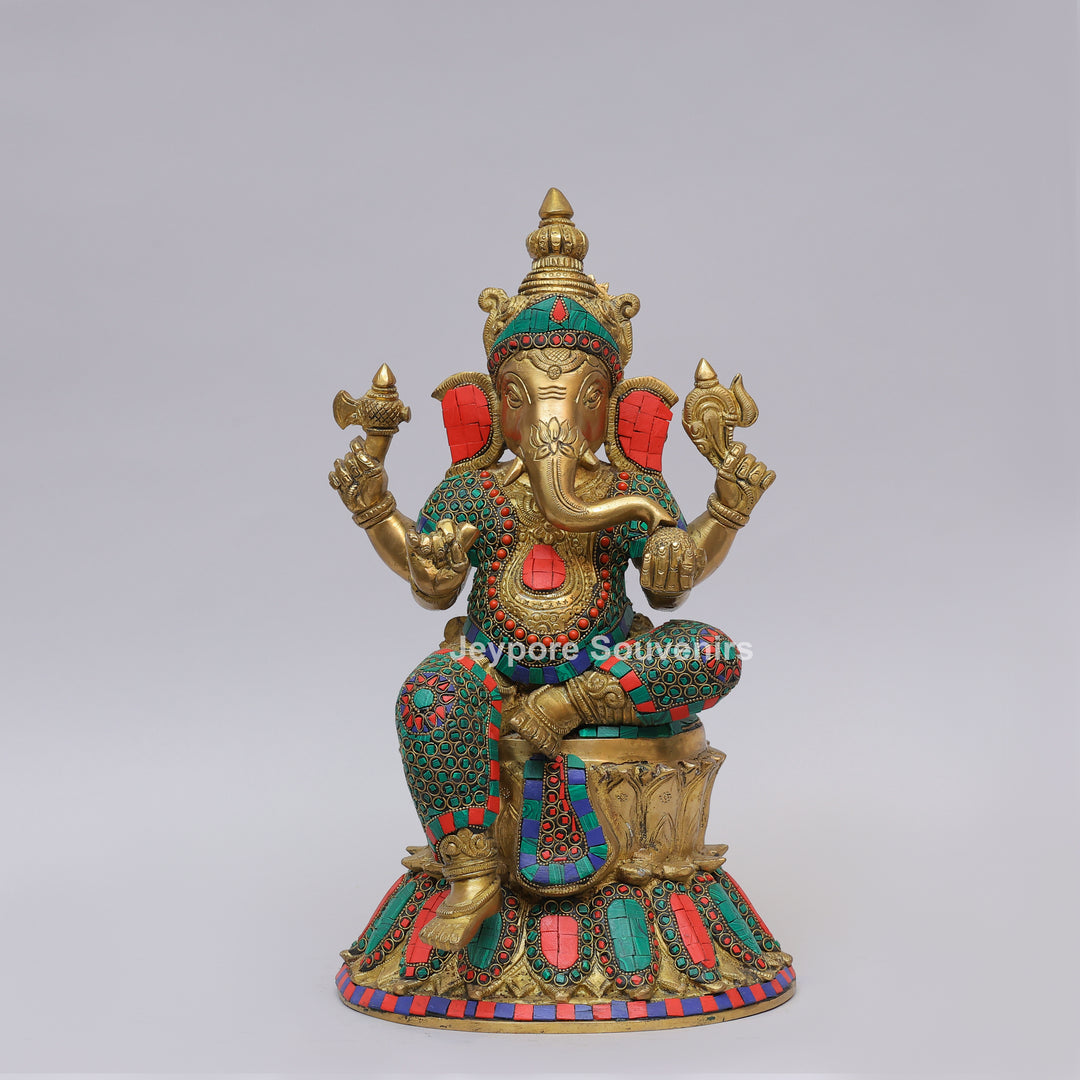 Handcrafted Brass Lord Ganesha Statue with Turquoise &amp; Coral Inlay