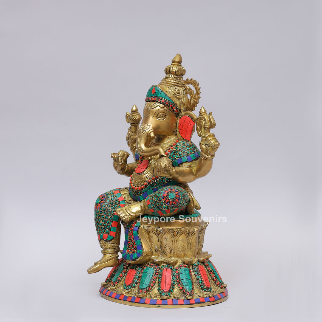 Handcrafted Brass Lord Ganesha Statue with Turquoise &amp; Coral Inlay