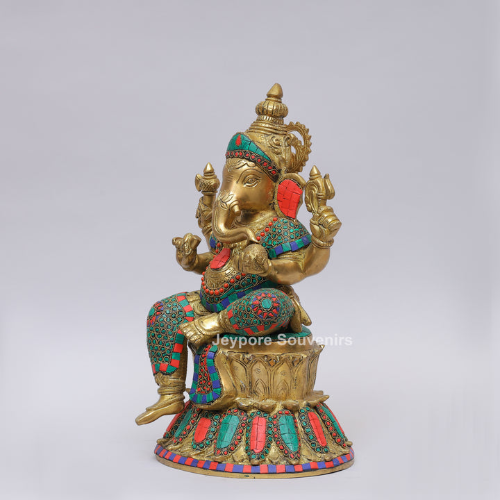 Handcrafted Brass Lord Ganesha Statue with Turquoise &amp; Coral Inlay