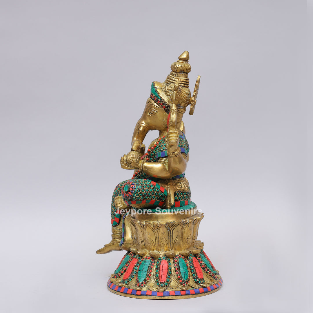 Handcrafted Brass Lord Ganesha Statue with Turquoise &amp; Coral Inlay