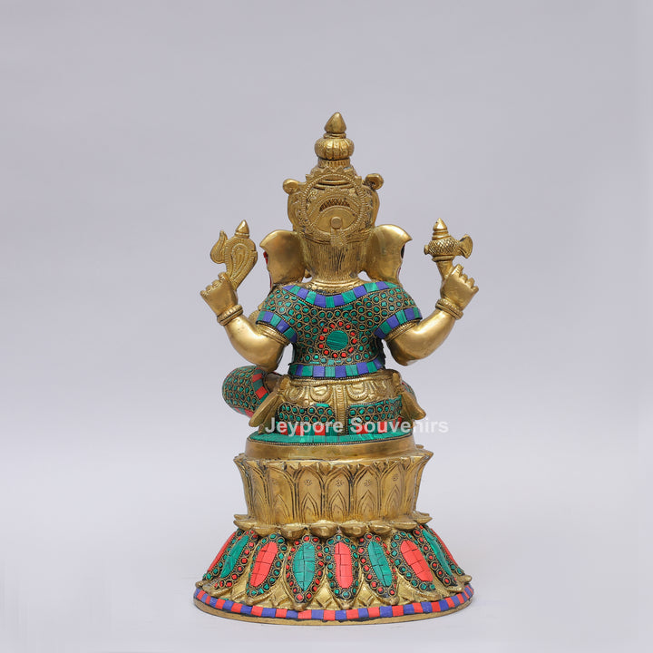 Handcrafted Brass Lord Ganesha Statue with Turquoise &amp; Coral Inlay