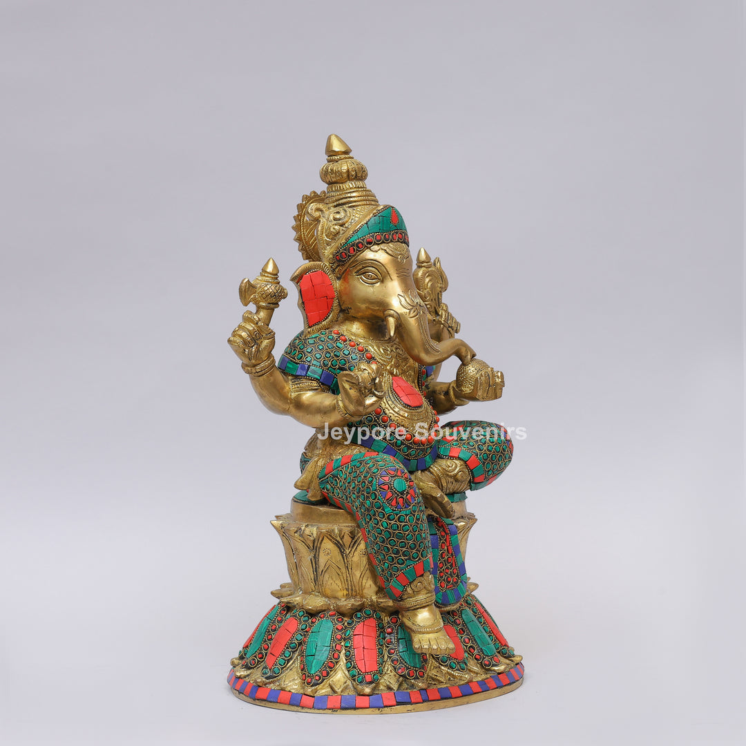 Handcrafted Brass Lord Ganesha Statue with Turquoise &amp; Coral Inlay
