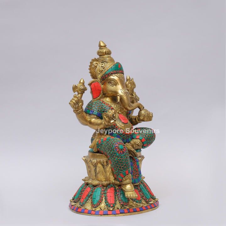 Handcrafted Brass Lord Ganesha Statue with Turquoise &amp; Coral Inlay