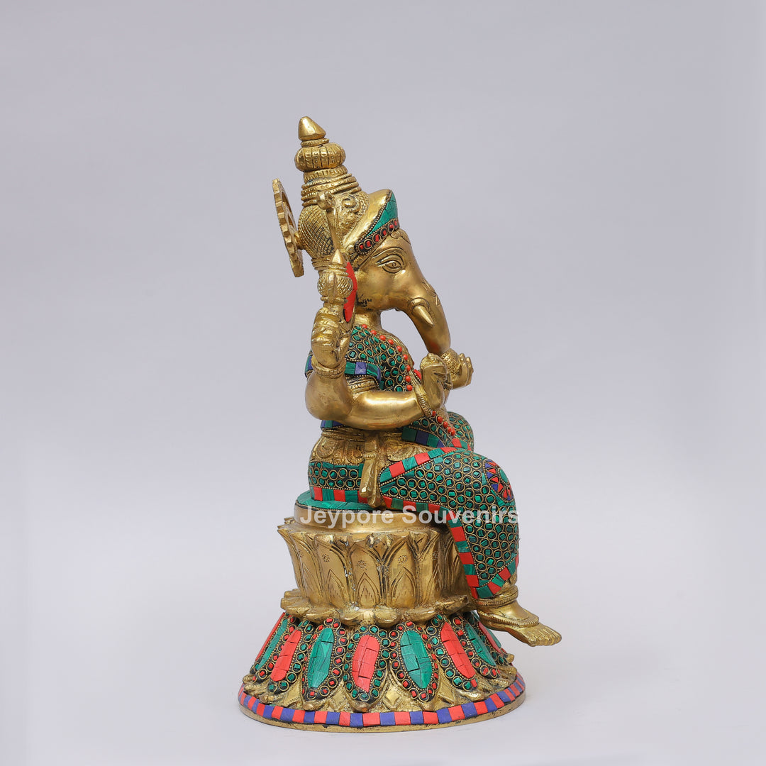 Handcrafted Brass Lord Ganesha Statue with Turquoise &amp; Coral Inlay