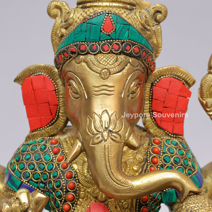 Handcrafted Brass Lord Ganesha Statue with Turquoise &amp; Coral Inlay
