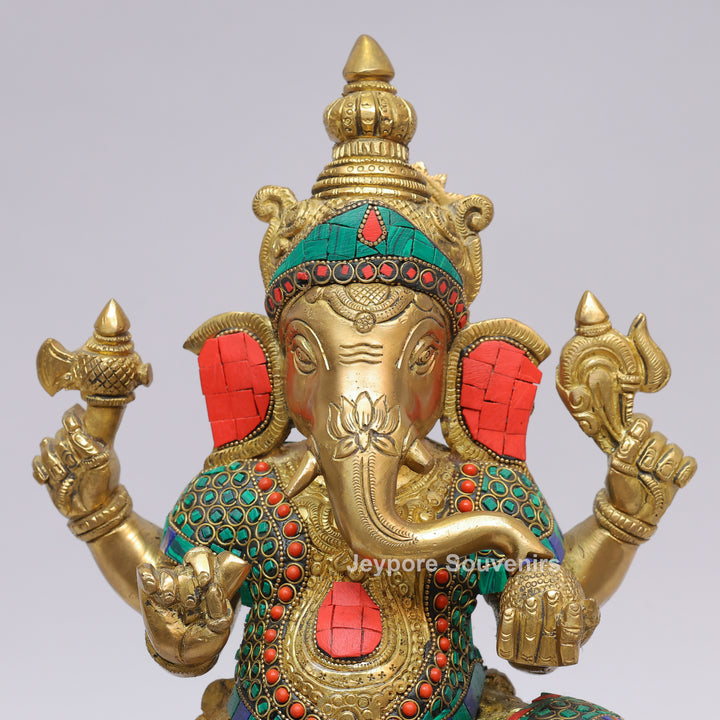 Handcrafted Brass Lord Ganesha Statue with Turquoise &amp; Coral Inlay