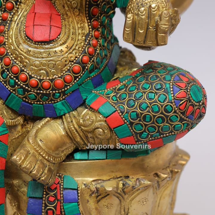 Handcrafted Brass Lord Ganesha Statue with Turquoise &amp; Coral Inlay