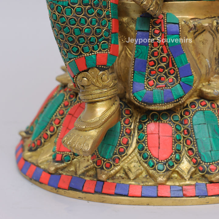 Handcrafted Brass Lord Ganesha Statue with Turquoise &amp; Coral Inlay
