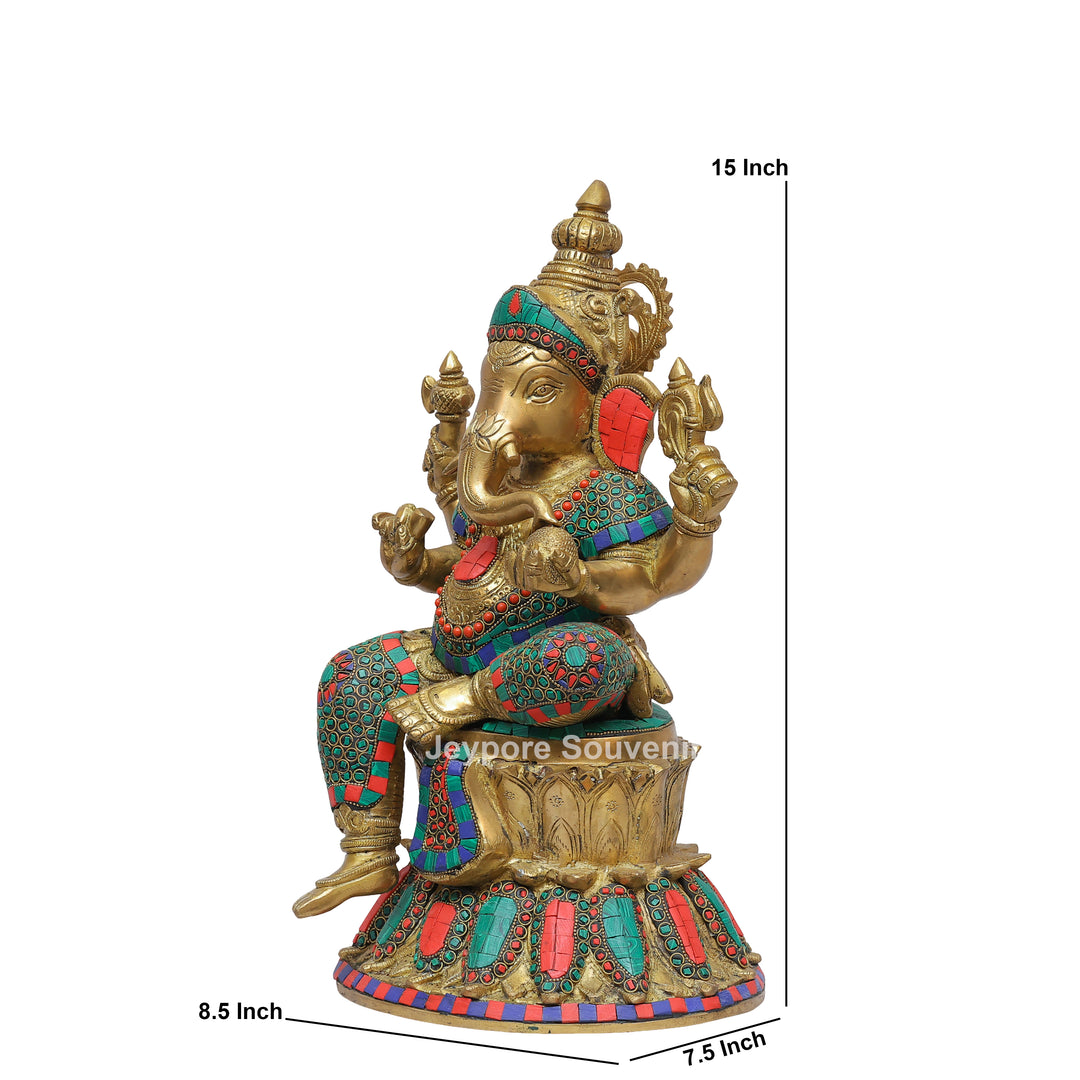 Handcrafted Brass Lord Ganesha Statue with Turquoise &amp; Coral Inlay