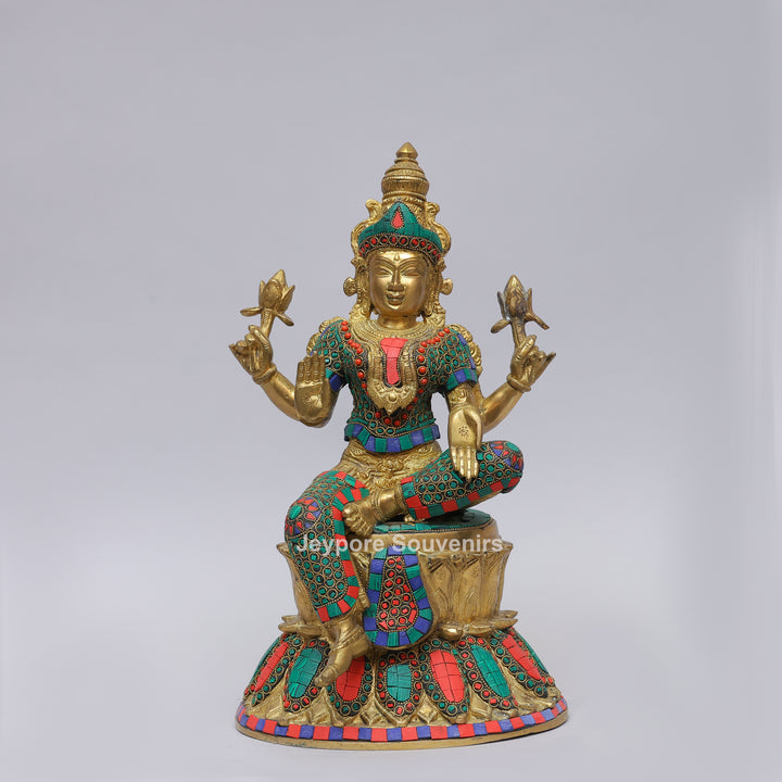 Handcrafted Brass Goddess Lakshmi Statue with Colorful Stone Inlay