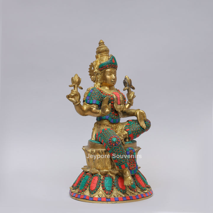 Handcrafted Brass Goddess Lakshmi Statue with Colorful Stone Inlay