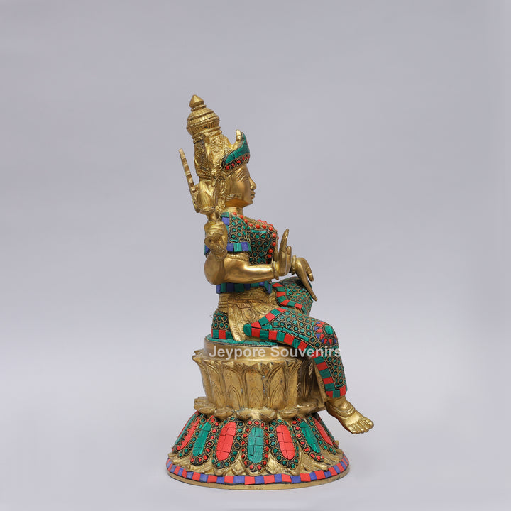 Handcrafted Brass Goddess Lakshmi Statue with Colorful Stone Inlay