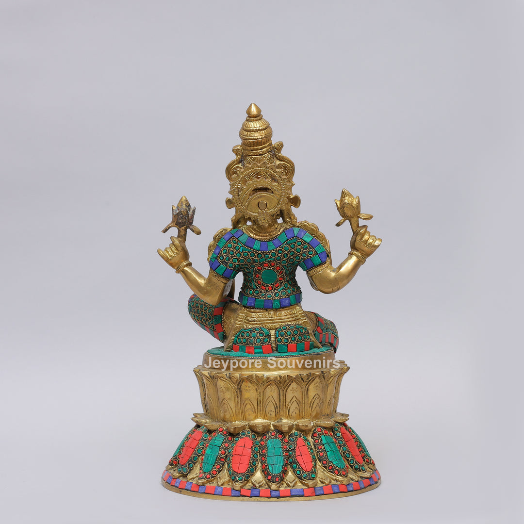 Handcrafted Brass Goddess Lakshmi Statue with Colorful Stone Inlay