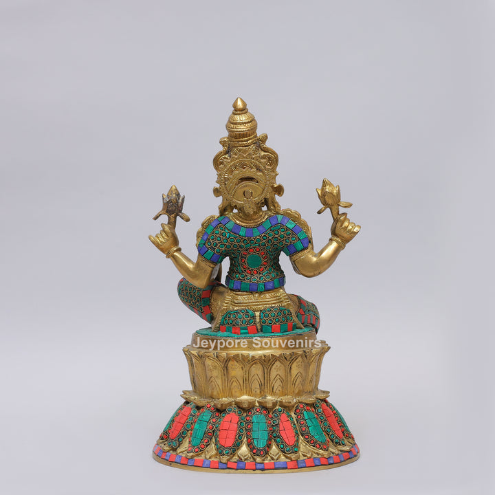 Handcrafted Brass Goddess Lakshmi Statue with Colorful Stone Inlay