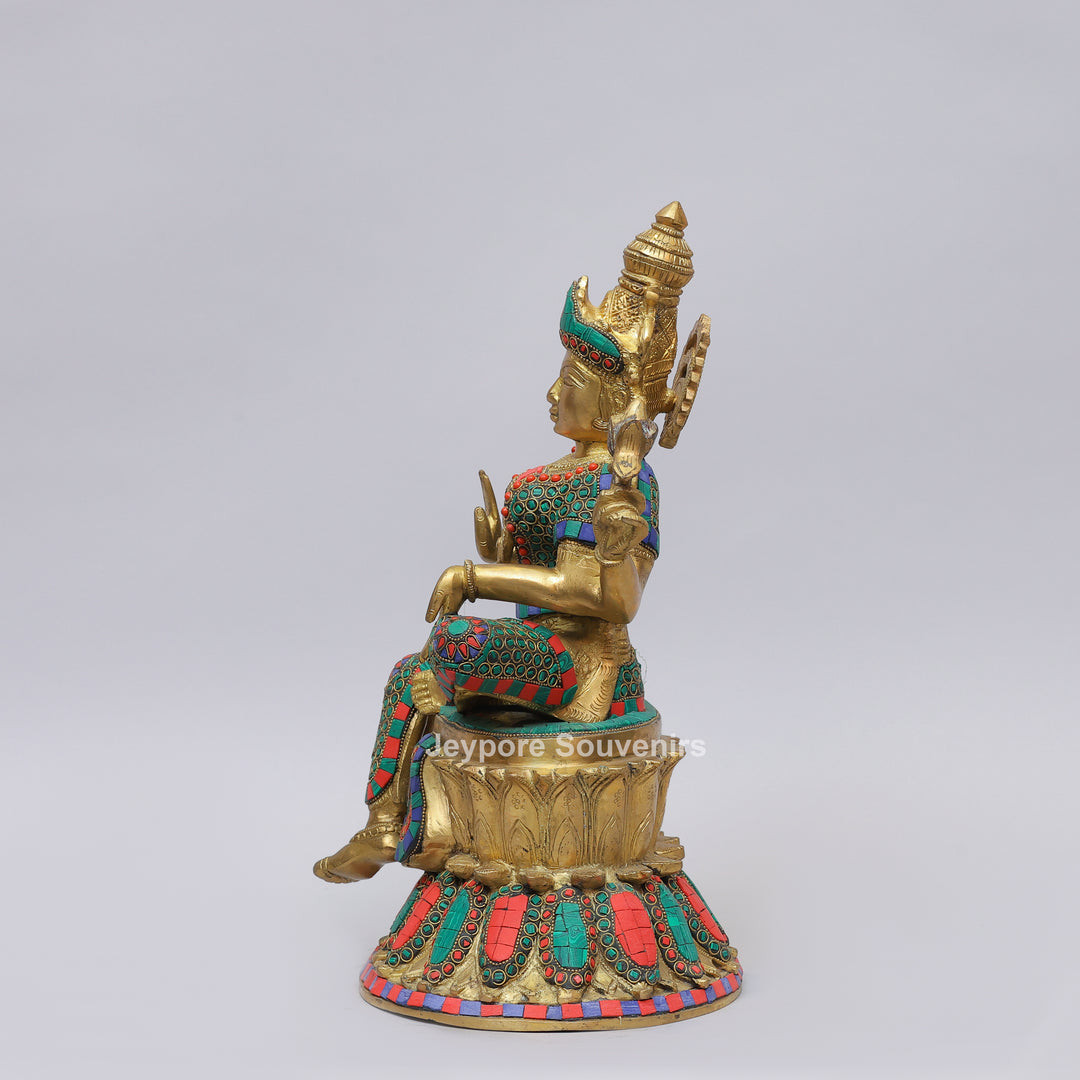 Handcrafted Brass Goddess Lakshmi Statue with Colorful Stone Inlay