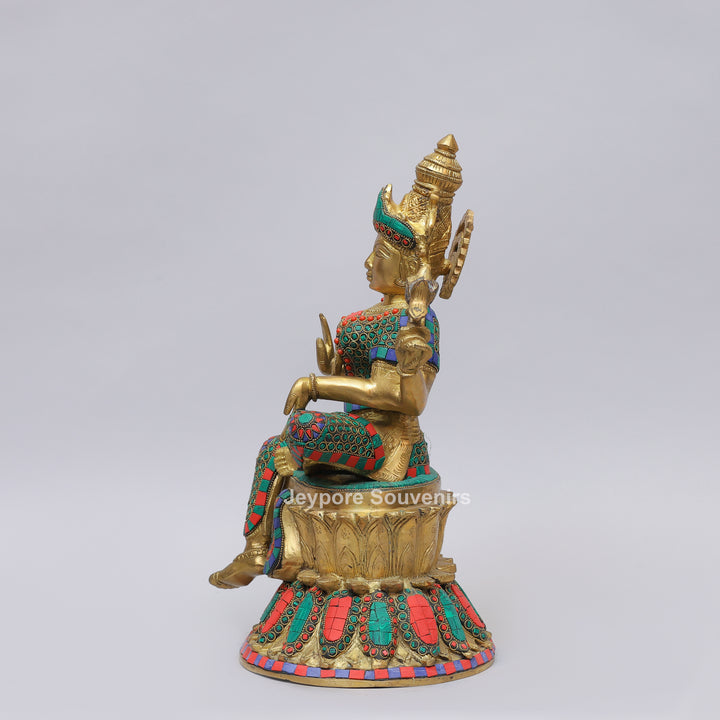 Handcrafted Brass Goddess Lakshmi Statue with Colorful Stone Inlay