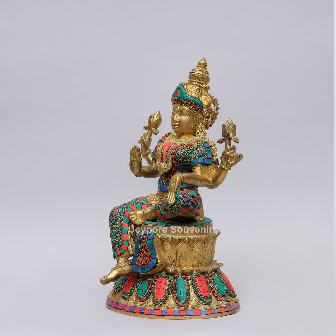 Handcrafted Brass Goddess Lakshmi Statue with Colorful Stone Inlay