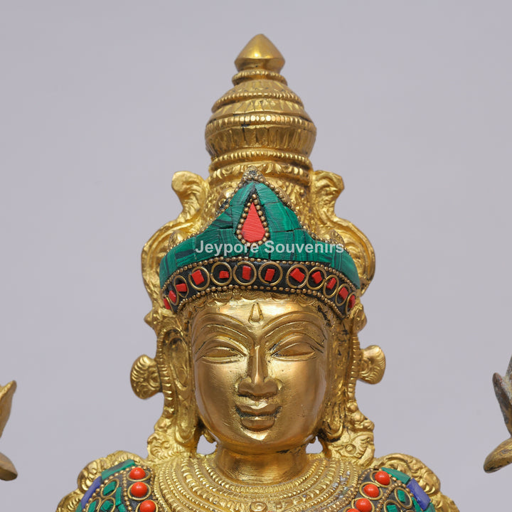 Handcrafted Brass Goddess Lakshmi Statue with Colorful Stone Inlay